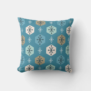 Retro Christmas Snowflakes Turquoise Gold Throw Pillow