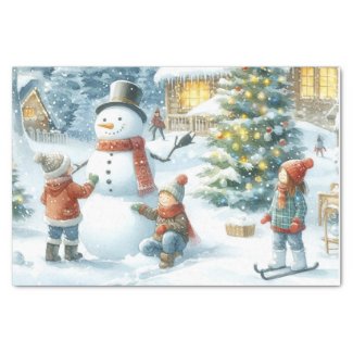 Retro Christmas Snowman and Kids 