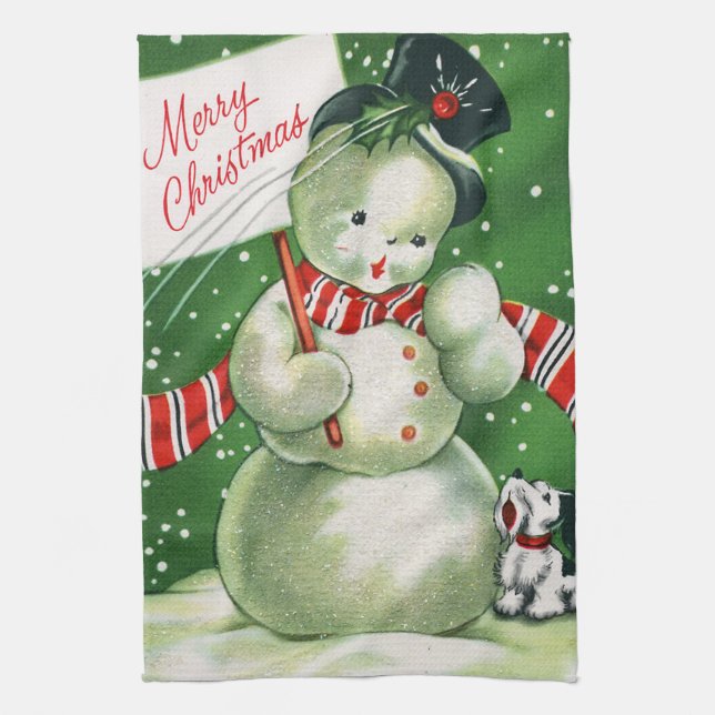 Retro Christmas snowman Holiday kitchen towel (Vertical)