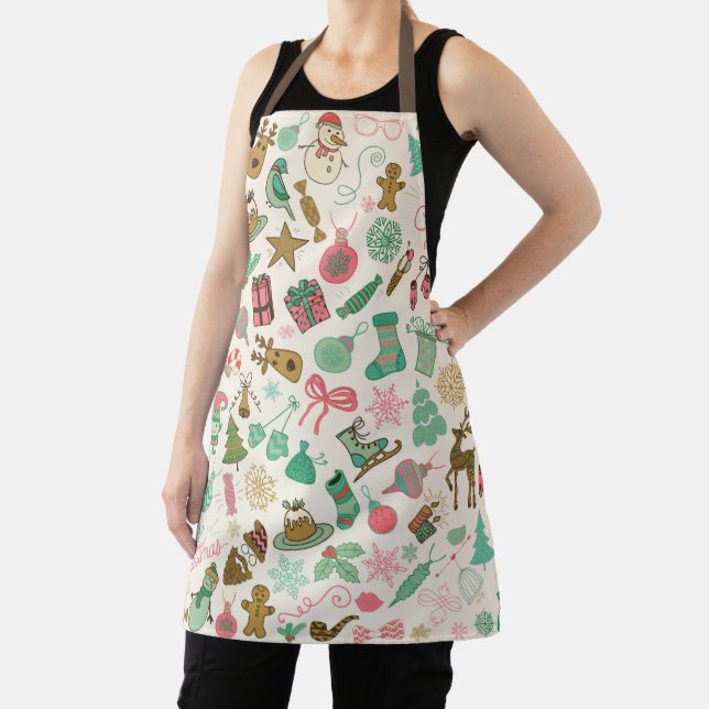 Retro Christmas Snowman Reindeer Doodles Apron (Insitu)