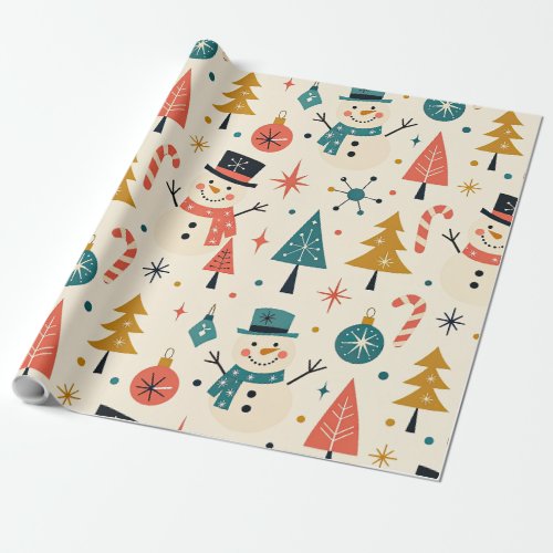 Retro Christmas Snowman Scandinavian Folk Art Wrapping Paper