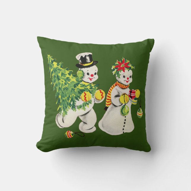Retro Christmas Snowpeople Throw Pillow (Front)