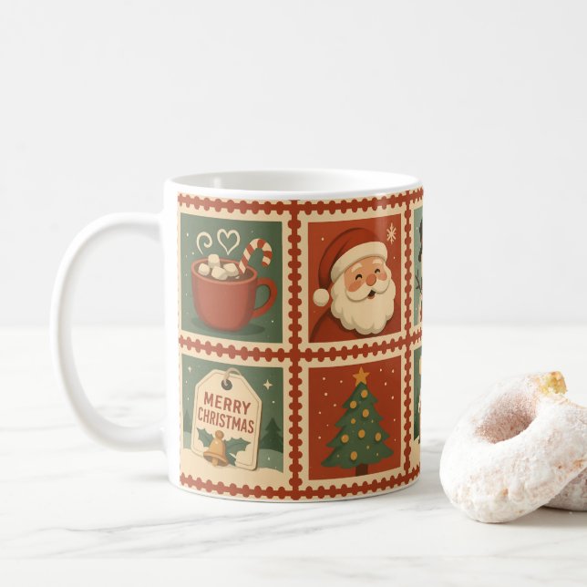 Retro Christmas Stamp Collage Holiday Mug (With Donut)