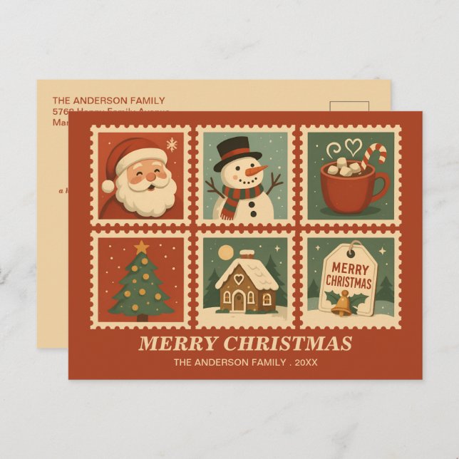 Retro Christmas Stamp Collage Holiday Postcard (Front/Back)