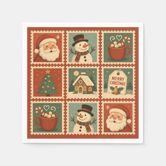 Retro Christmas Stamp Collage Napkins (Front)
