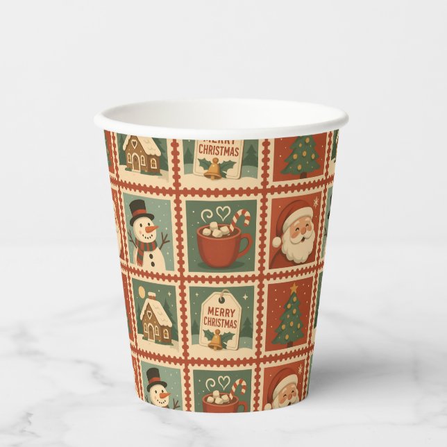 Retro Christmas Stamp Collage Paper Cups (Front)
