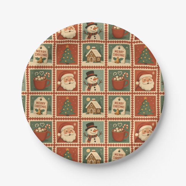 Retro Christmas Stamp Collage Paper Plates (Front)