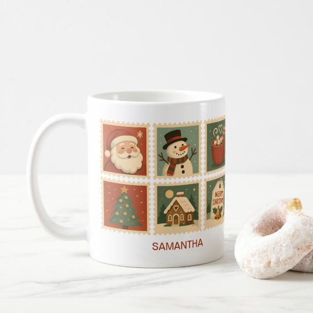 Retro Christmas Stamp Collage Personalized Coffee Mug (With Donut)