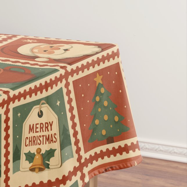 Retro Christmas Stamp Collage Tablecloth (In Situ)