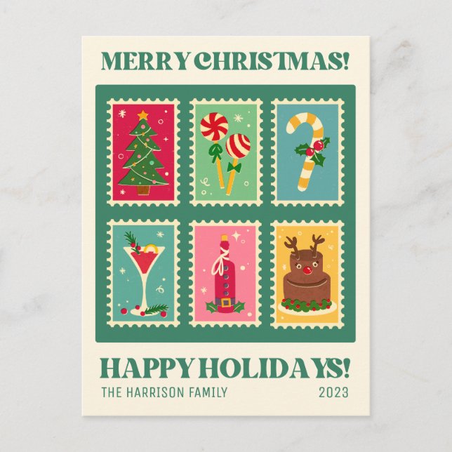 Retro Christmas Stamp Holidays Postcard (Front)