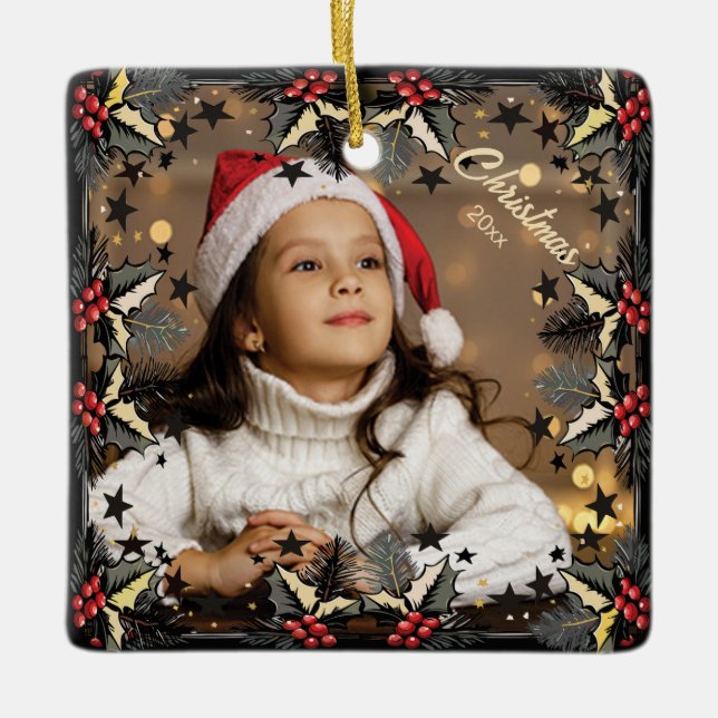 Retro Christmas Stars Border Photo Ornament (Front)