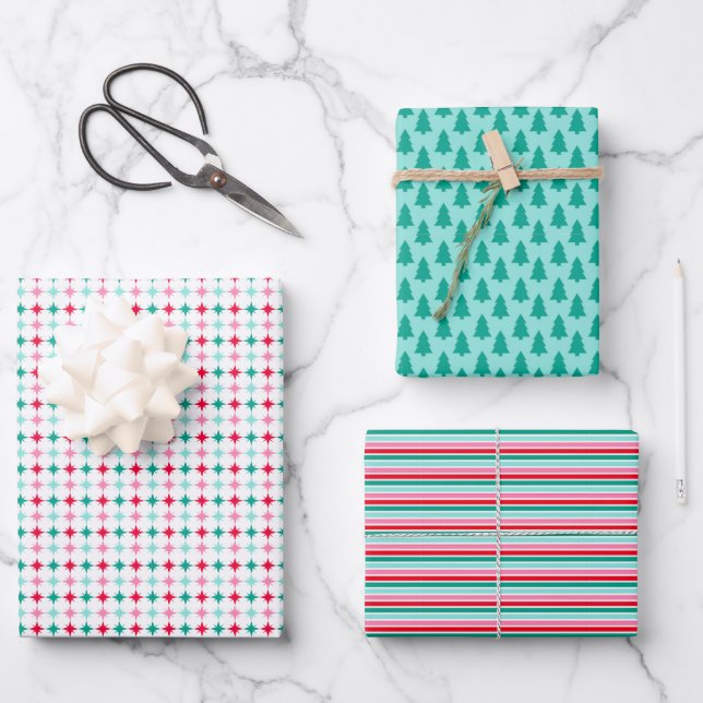 Retro Christmas Stars, Trees, Stripes Wrapping Paper Sheets (Front)