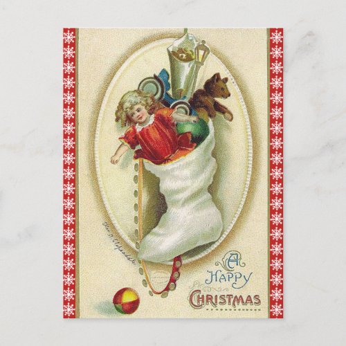 Retro Christmas Stocking with Toys Holiday Postcard