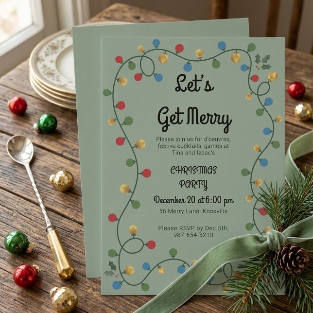 Retro Christmas String Lights Let's Get Merry Invitation (Creator Uploaded)