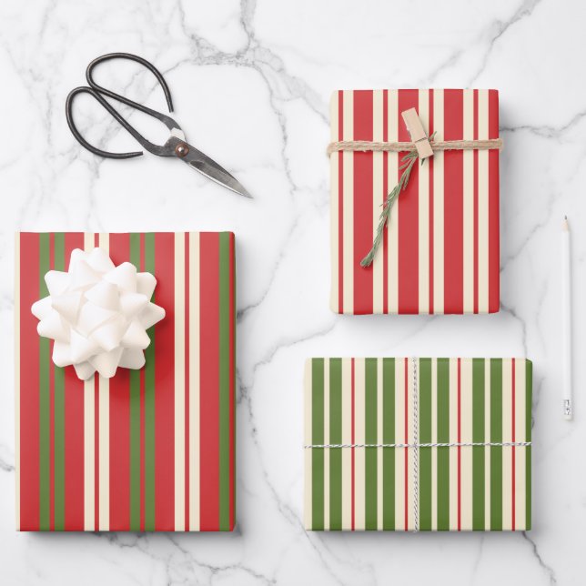 Retro Christmas Stripes Green Red Cream Wrapping Paper Sheets (Front)