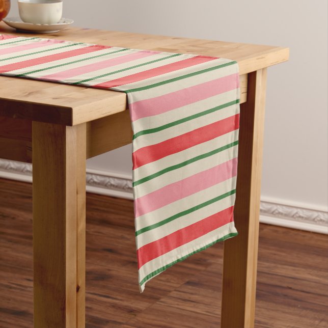 Retro Christmas Stripes Pattern Pink Red Green Short Table Runner (In Situ)