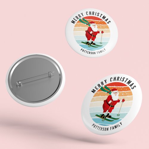 Retro Christmas Sunset Skiing Santa Personalized Button