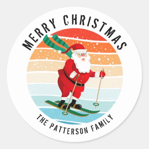 Retro Christmas Sunset Skiing Santa Personalized Classic Round Sticker