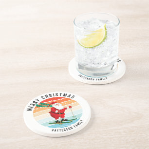 Retro Christmas Sunset Skiing Santa Personalized Coaster