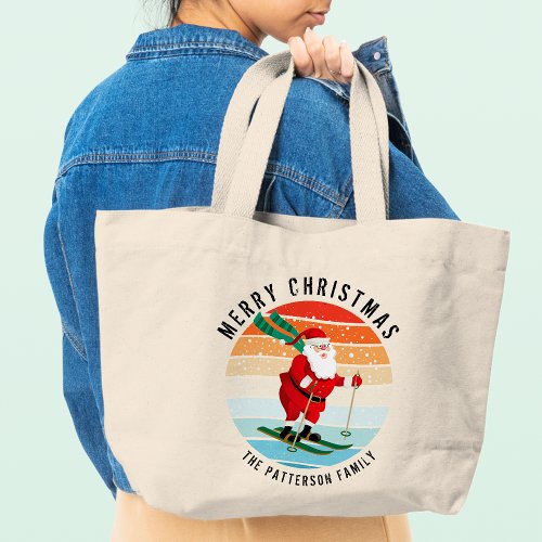 Retro Christmas Sunset Skiing Santa Personalized Large Tote Bag