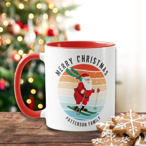 Retro Christmas Sunset Skiing Santa Personalized Mug