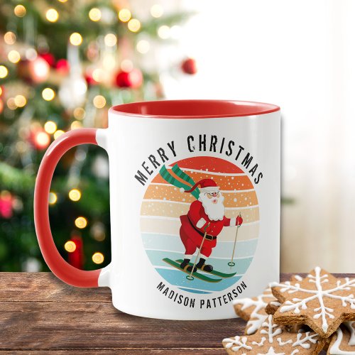 Retro Christmas Sunset Skiing Santa Personalized Mug