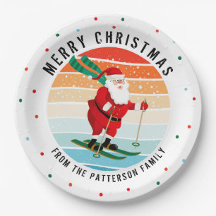 Retro Christmas Sunset Skiing Santa Personalized Paper Plates