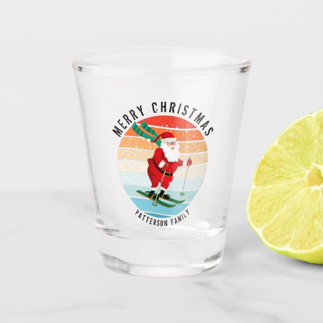 Retro Christmas Sunset Skiing Santa Personalized Shot Glass (Front)