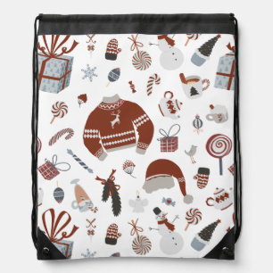 Retro Christmas Sweater Pattern Drawstring Bag