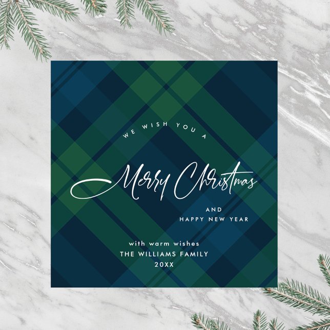 Retro Christmas Tartan Green Blue Plaid Greeting Holiday Card (Creator Uploaded)