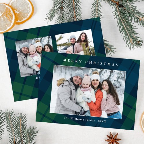 Retro Christmas Tartan Plaid 3 Photo Greeting Holiday Card
