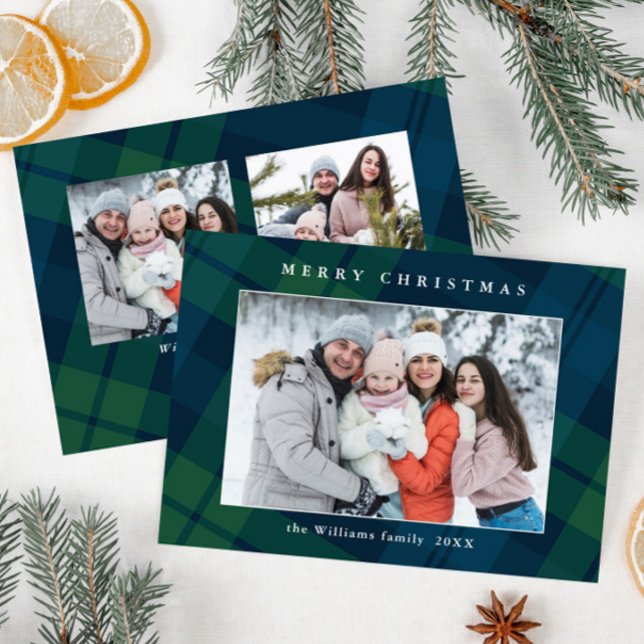 Retro Christmas Tartan Plaid 3 Photo Greeting Holiday Card (Creator Uploaded)