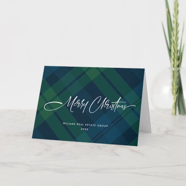 Retro Christmas Tartan Plaid Corporate Greeting Holiday Card (Front)