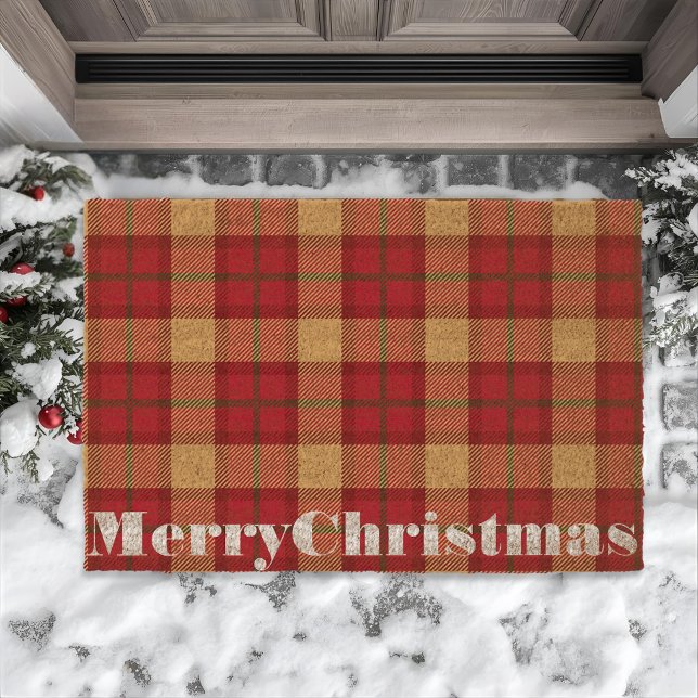 Retro Christmas Tartan Plaid Fiber Doormat (Creator Uploaded)