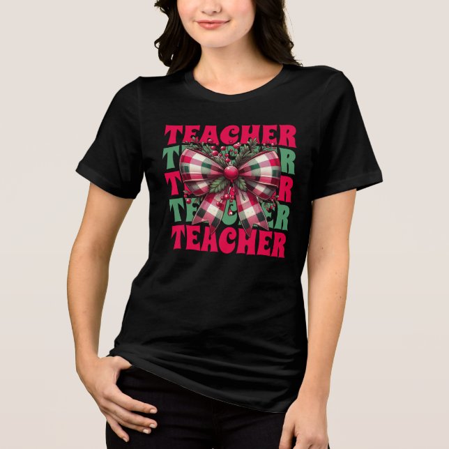 Retro Christmas Teacher Coquette Bow  Tri-Blend Shirt (Front)