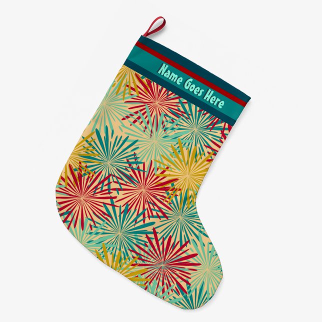 Retro Christmas Tinsel PomPoms (Personalized) Large Christmas Stocking (Front (Hanging))