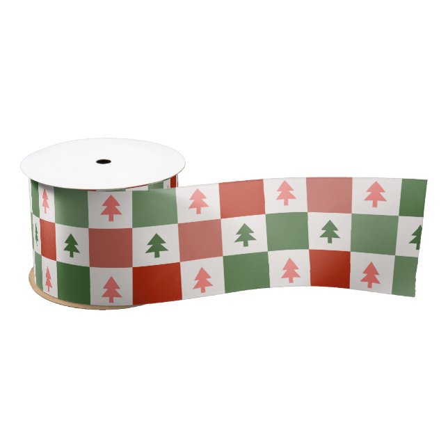 Retro Christmas Tree Checkerboard Holiday Pattern Satin Ribbon (Spool)