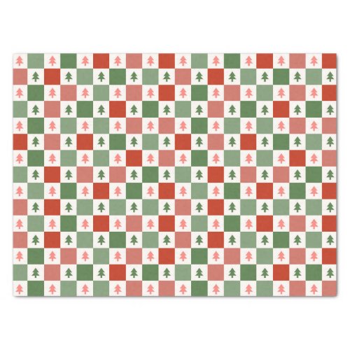 Retro Christmas Tree Checkerboard Holiday Pattern Tissue Paper