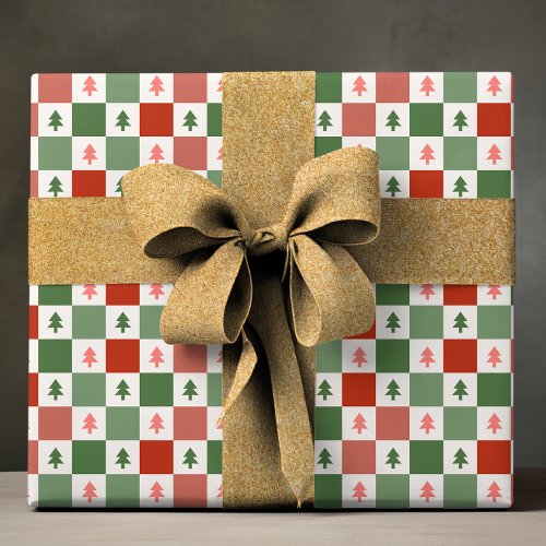 Retro Christmas Tree Checkerboard Holiday Pattern Wrapping Paper