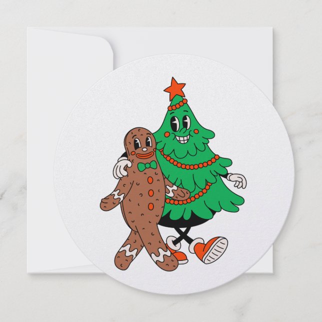 Retro Christmas Tree & Gingerbread Flat Card (Front)