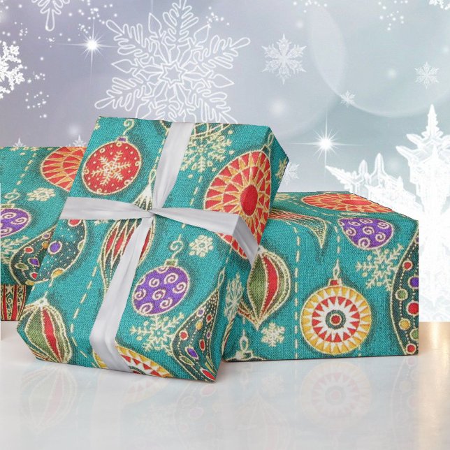 Retro Christmas Tree Ornaments on Aqua Gift  Wrapping Paper (Creator Uploaded)
