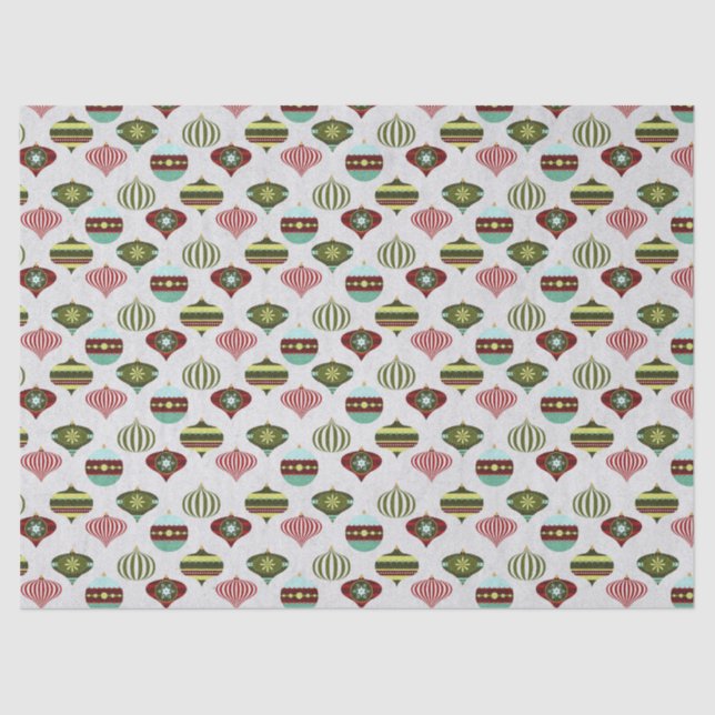 Retro Christmas Tree Ornaments on White Decoupage Tissue Paper (Front)