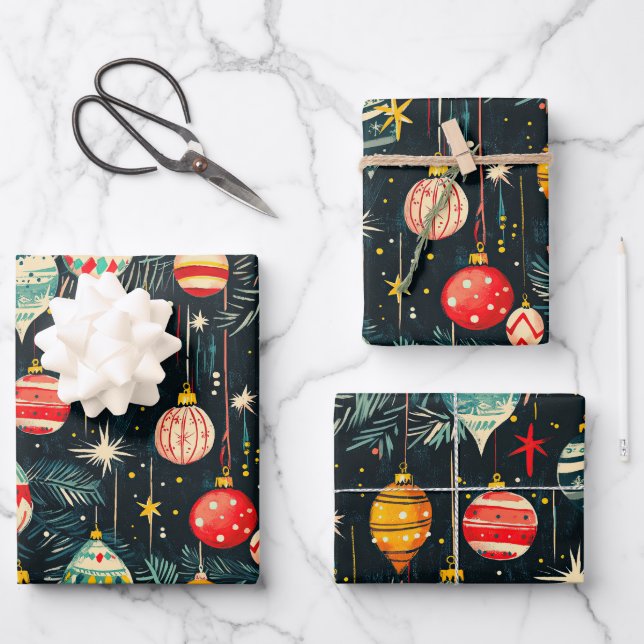 Retro Christmas Tree Ornaments Wrapping Paper Sheets (Front)