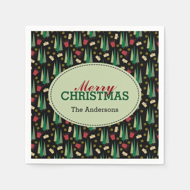 Retro Christmas Tree Pattern Script Paper Napkins (Front)