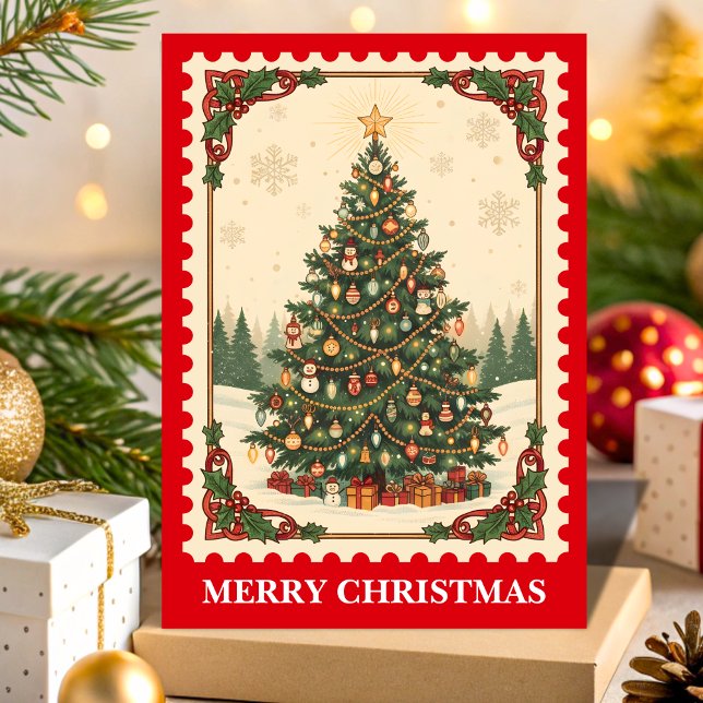 Retro Christmas Tree Postage Stamp Holiday Card (Creator Uploaded)