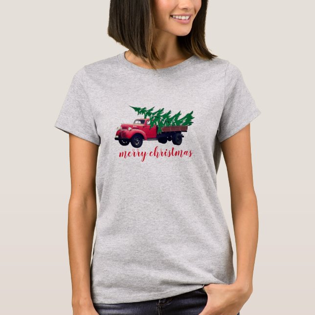 Retro Christmas Tree Red Truck Shirt - Women's (Front)