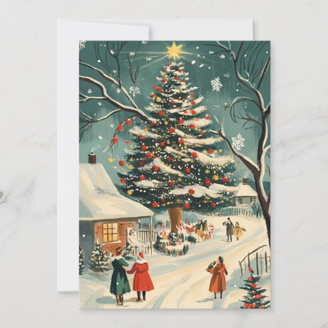 Retro Christmas  Tree Village Scene Holiday Card (Front)