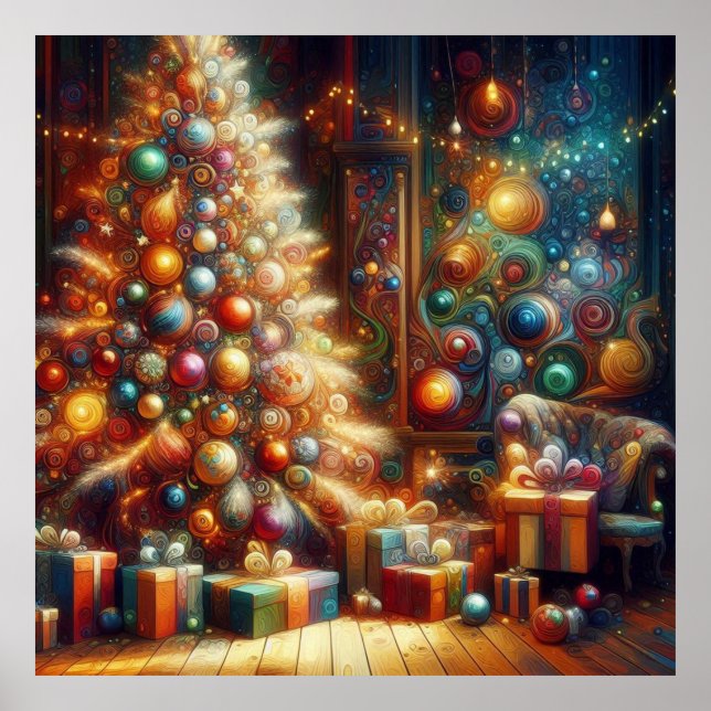 Retro Christmas Tree With Presents Underneath Wall Poster (Front)