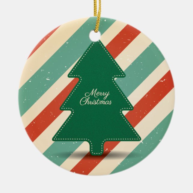 Retro Christmas Tree with Striped Background Ceramic Ornament (Front)