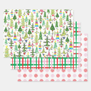 Retro Christmas Trees Candy Pink Red Green Pattern Wrapping Paper Sheets